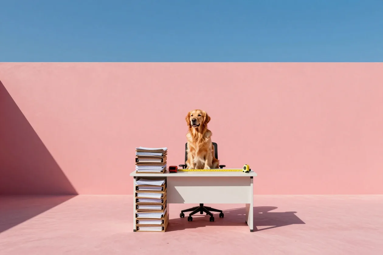 Un golden retriever seduto a una scrivania con una pila di cartelle e un metro da geometra, su fondo rosa